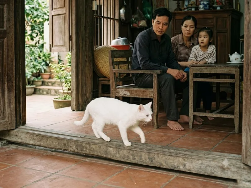 Mèo trắng ghé cửa có thể là thú cưng đi lạc đang tìm nơi trú.