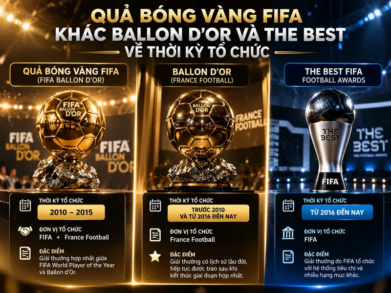 Quả bóng vàng FIFA khác Ballon d’Or và The Best về thời kỳ tổ chức.